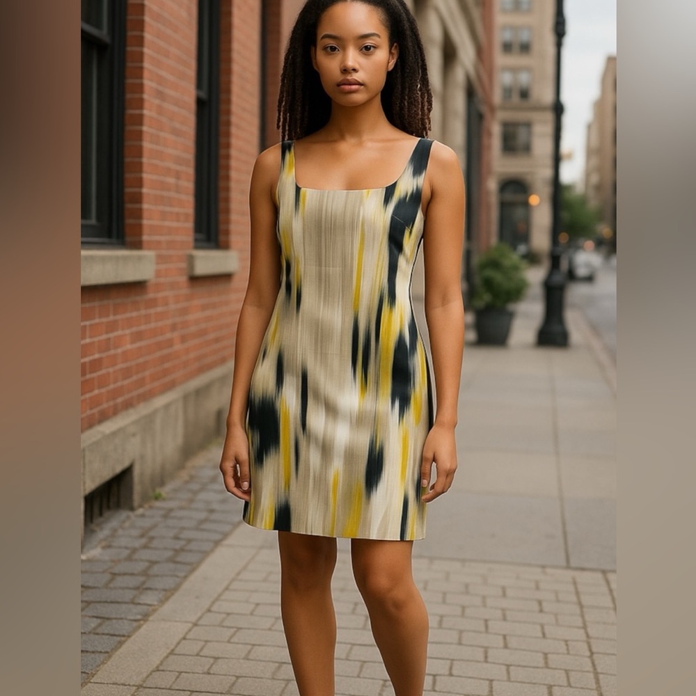 Elie Tahari Yellow and White Sleeveless Sheath Mini Dress